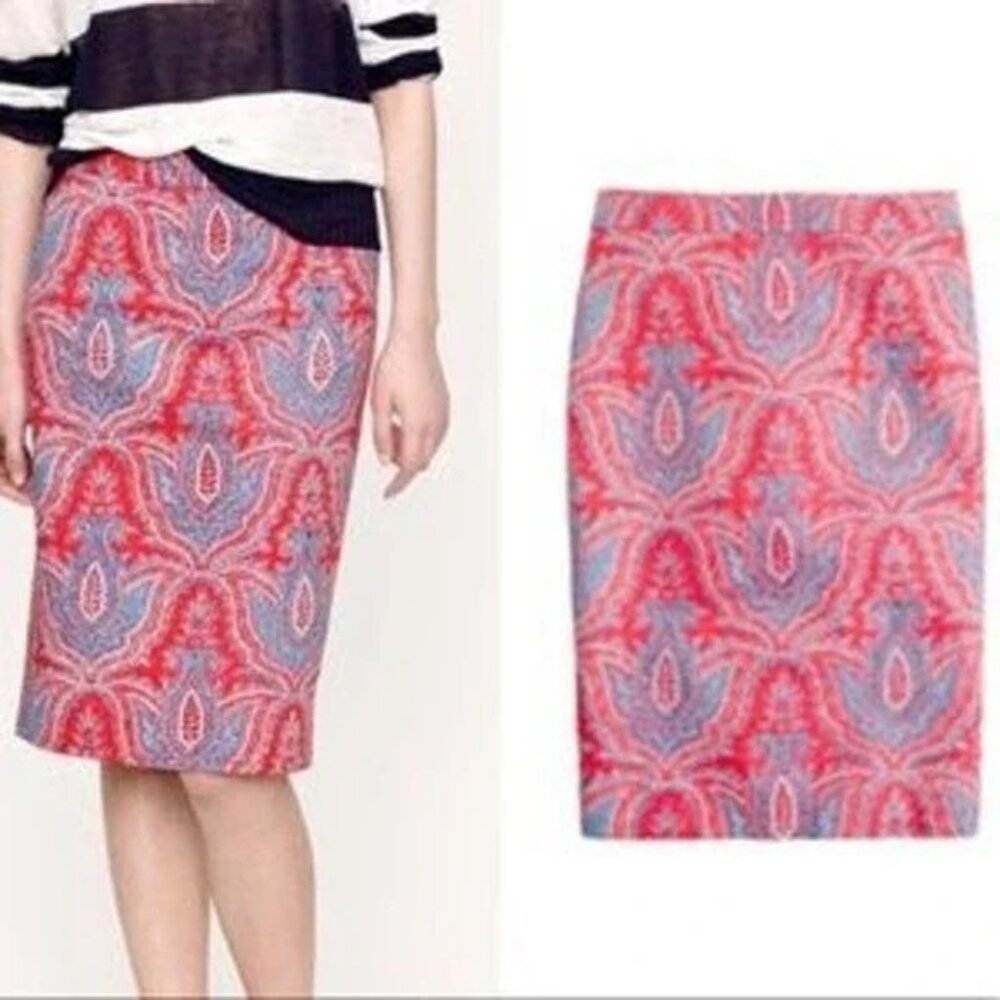 J Crew 2 Pencil Skirt Career Office Professional Red Paisley Back Slit